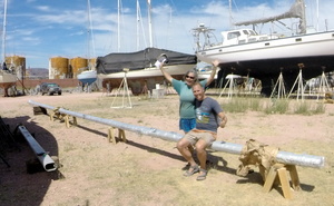 Barb and Bjarne Seated on new mast, joyful