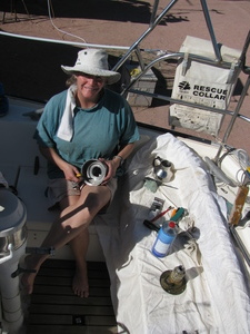 Barb seated in cockpit cleaning winch