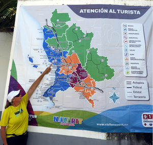 Barb pointing out San Blas on tourist map