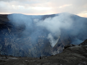 Looking across crater, with plumes of steam rising