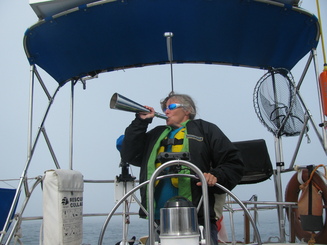 Barb blowing fog horn