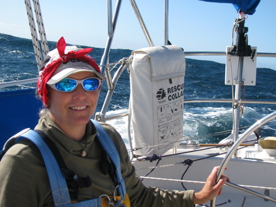 Barb with Sunglasses glinting in sun, in cockpit
